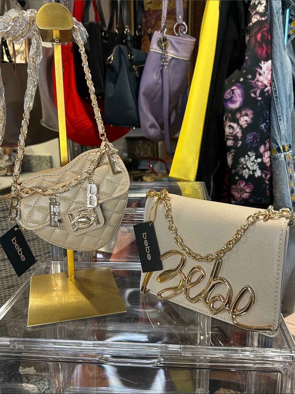 bebe Set of Beige Quilted Heart & Taupe Crossbody’s with Gold Chain straps NWT - Picture 4 of 7